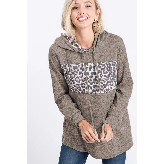 Solid And Animal Leopard Print Contrast Hooded Top